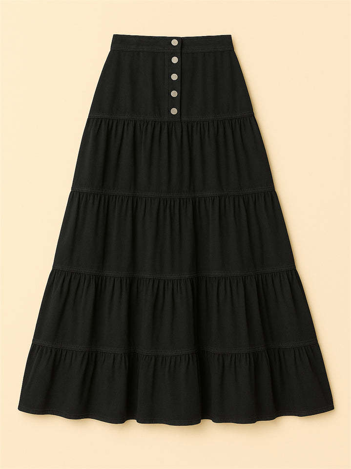 Women Bohemian Style A-line Button Front Denim Tiered Skirt