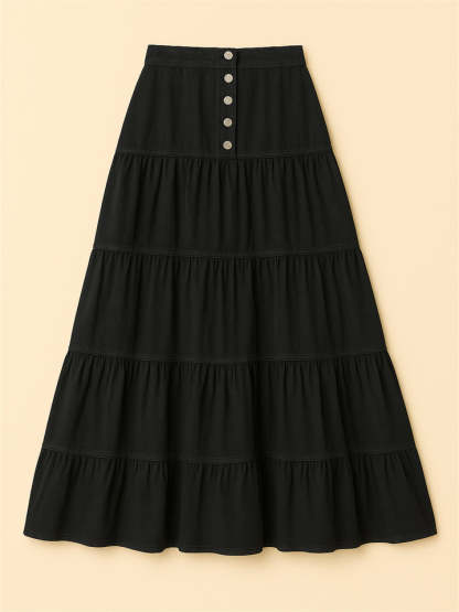 Women Bohemian Style A-line Button Front Denim Tiered Skirt