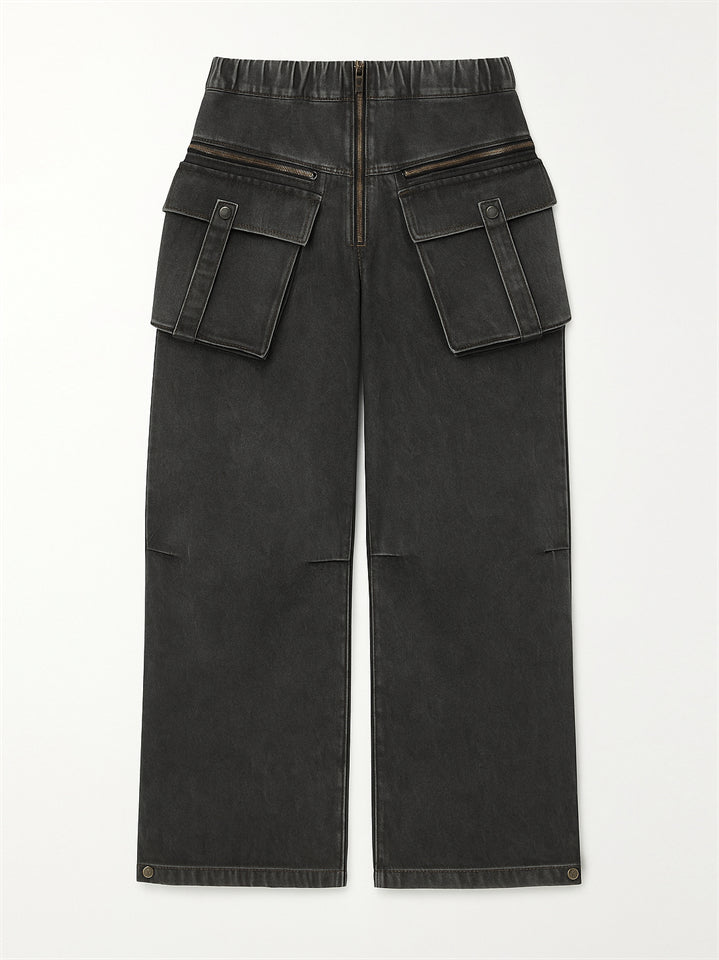 Vintage Pockets Solid Color Wide Leg Distressed Denim Pants for Women