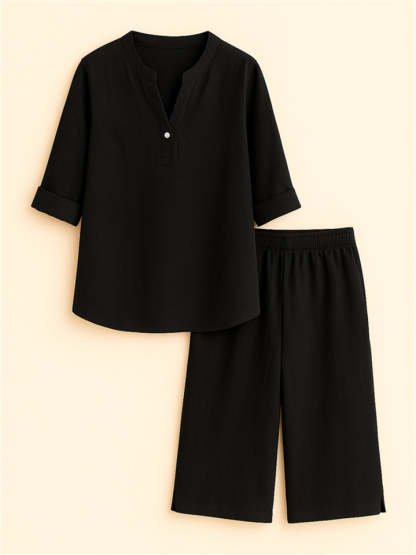 Summer Holiday Style V Neck Solid Color Top & Shorts Set for Women