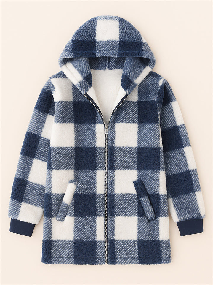 Women's Autumn Classic Plaid Zip Up Pockets Hooded Jackets