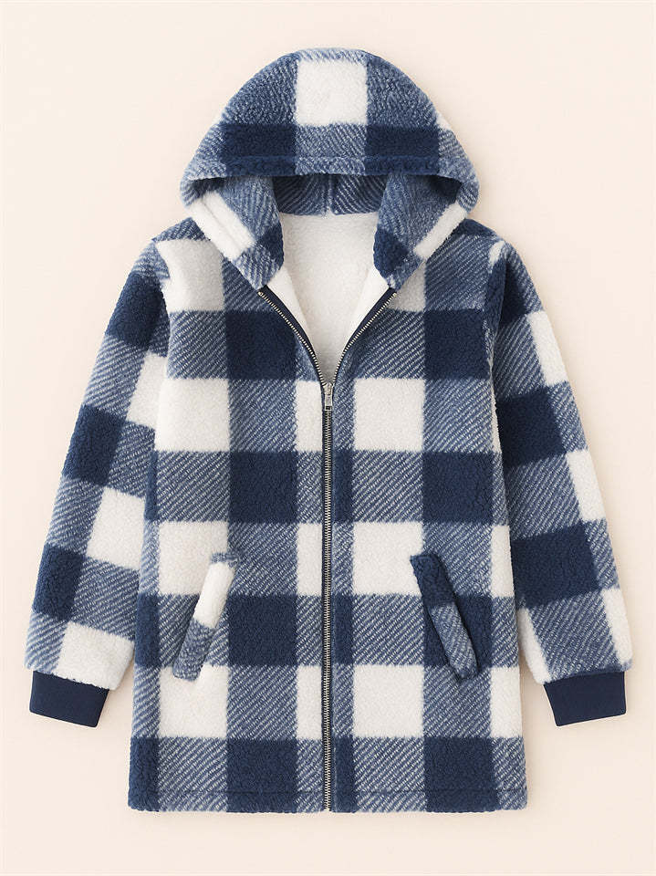 Women's Autumn Classic Plaid Zip Up Pockets Hooded Jackets