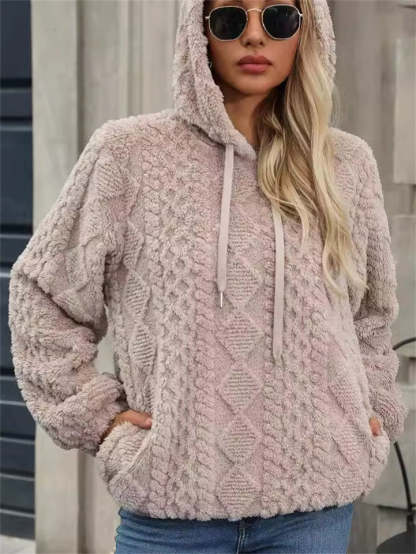 Women's Autumn Solid Color Jacquard Long-sleeved Pullover Fleece Hoodies