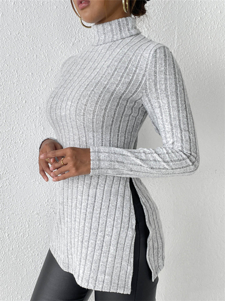 Ladies' Fitted High Neck Solid Color Pit Stripe Split Long-sleeved Sweaters