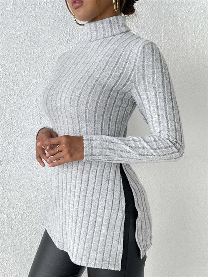 Ladies' Fitted High Neck Solid Color Pit Stripe Split Long-sleeved Sweaters