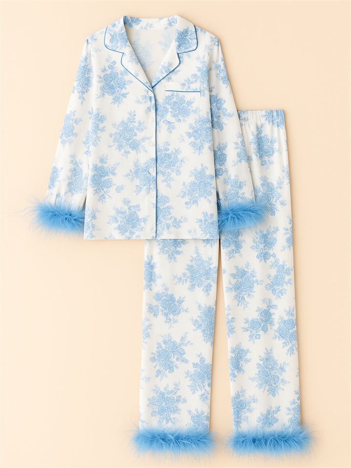Women's Cute Printed Lapel Satin Pajama Set with Faux Fur Decoration