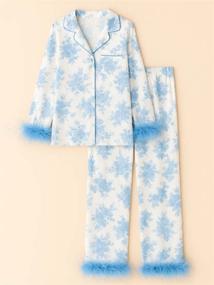 Women's Cute Printed Lapel Satin Pajama Set with Faux Fur Decoration