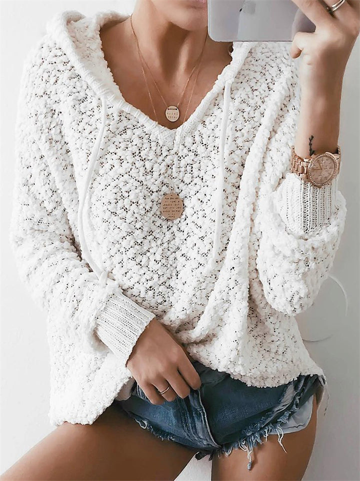 Women's Stylish Autumn White Pullover Knitted Long Sleeve Hoodies