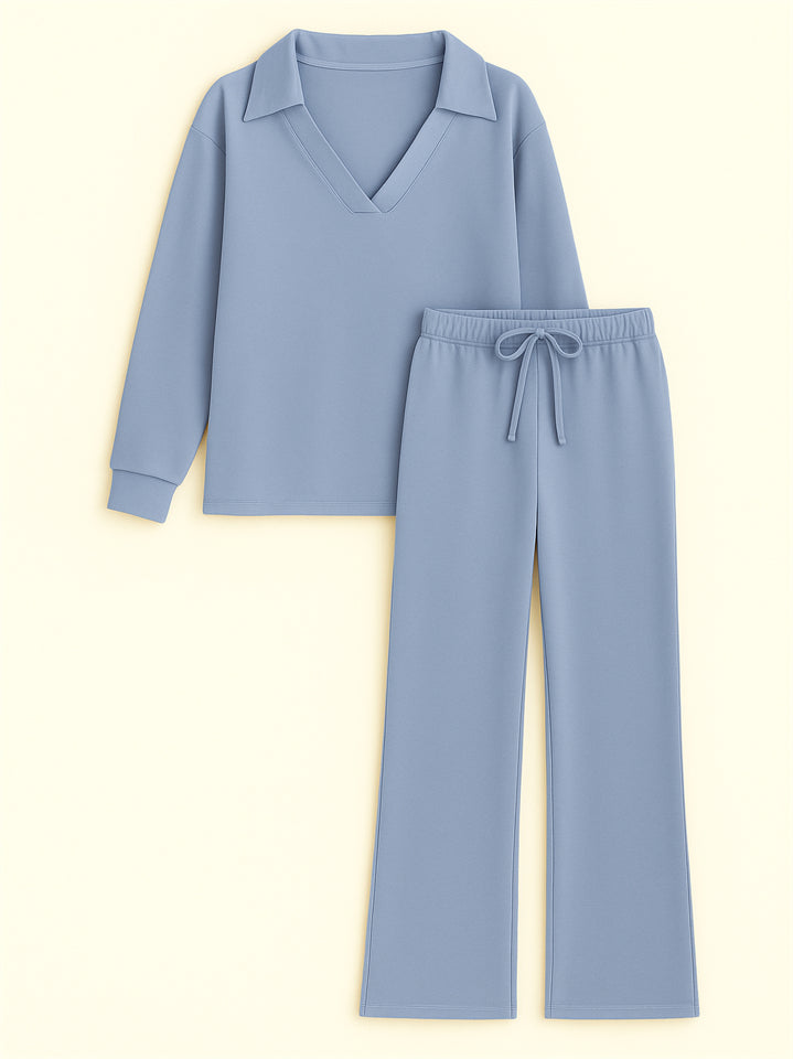 Women's 2Pcs Autumn Casual Solid Color  V Neck Lapel Long Sleeve Outfit