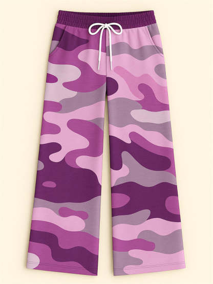 Women's Casual Camouflage Print Drawstring Wide Leg Pants