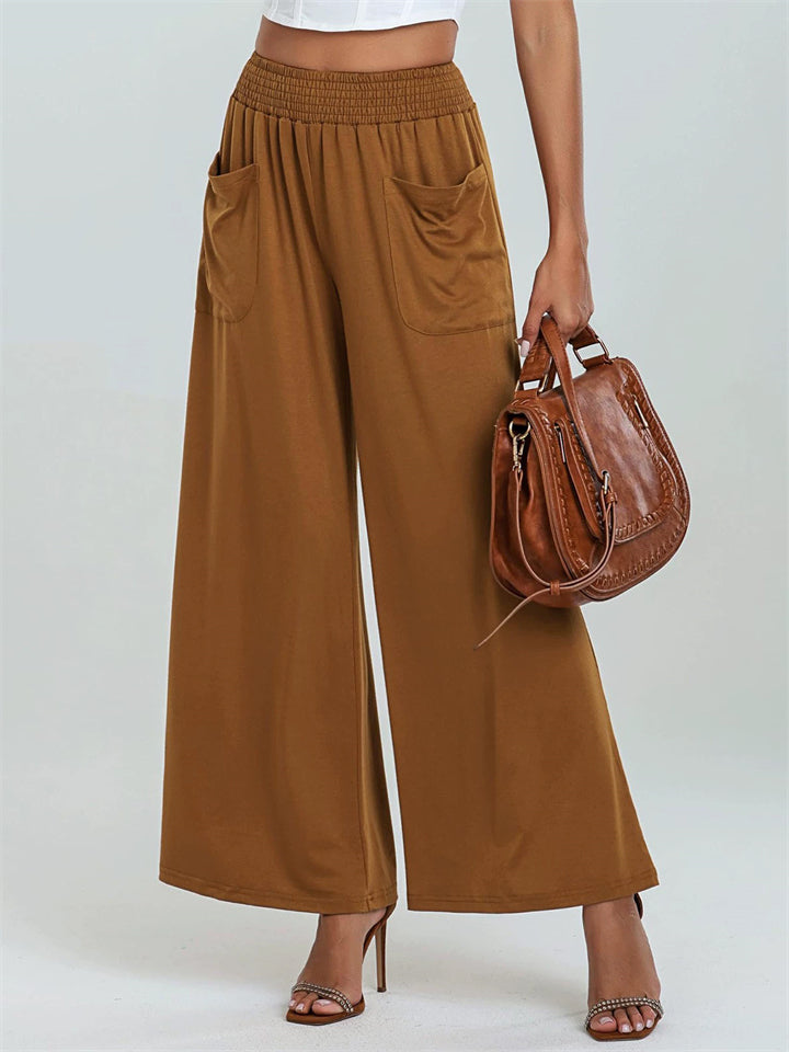 Simple Solid Color Pockets Elastic Hight Waist Wide Leg Pants for Women