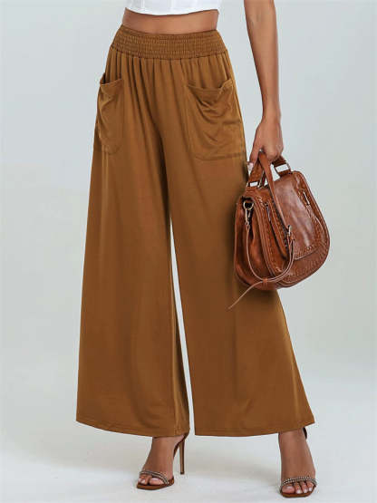 Simple Solid Color Pockets Elastic Hight Waist Wide Leg Pants for Women