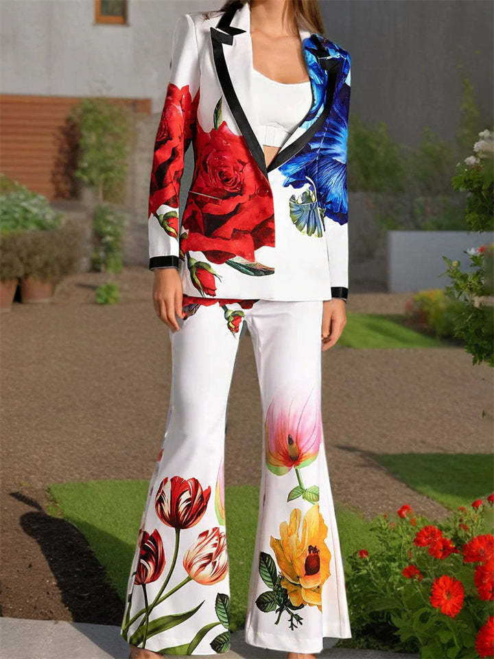 Ladies' Trendy V-Neck Floral Print Suit Jacket & Flared Pants Set
