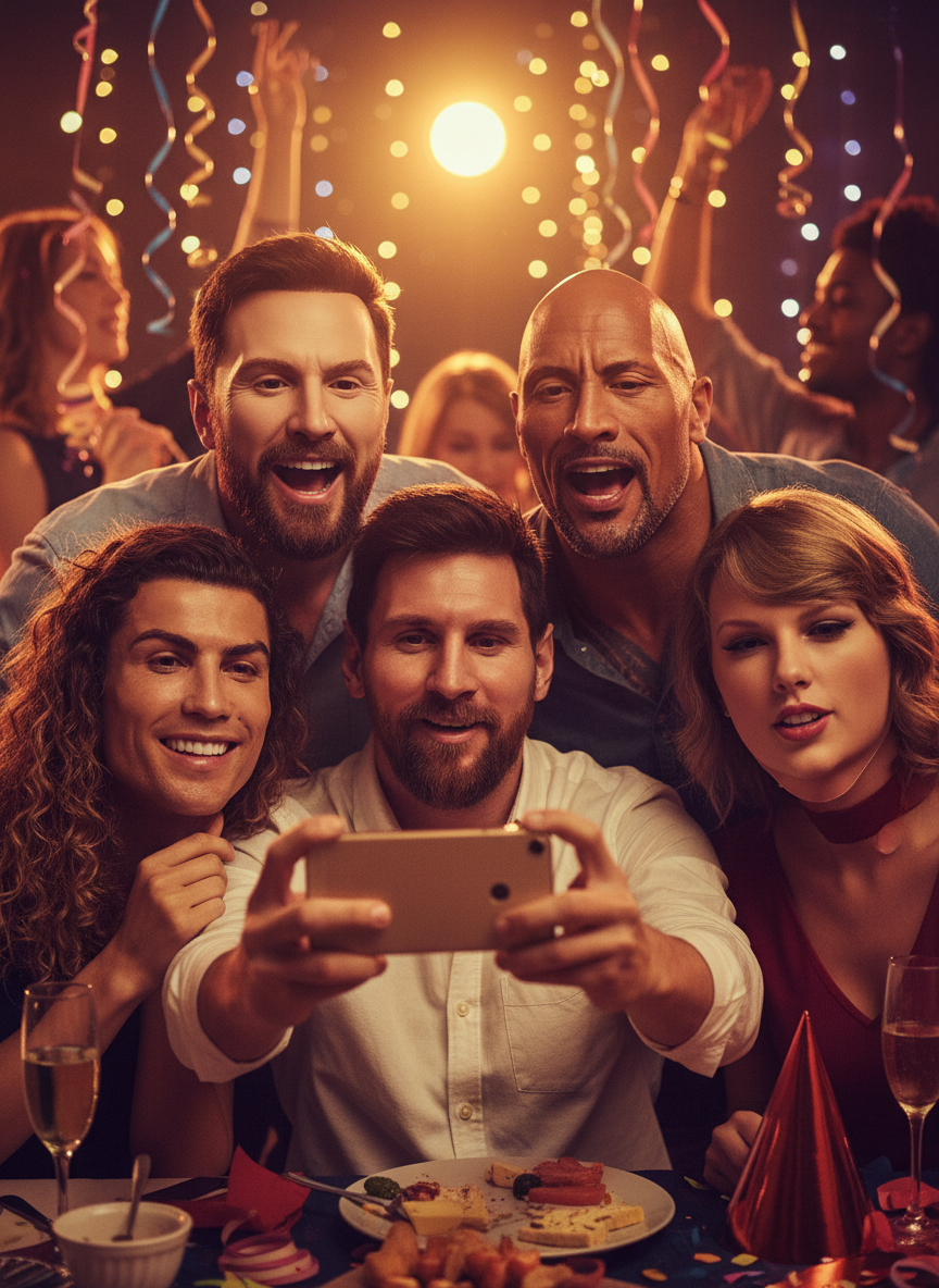 Friends wearing celebrity face masks at a party, laughing and taking selfies