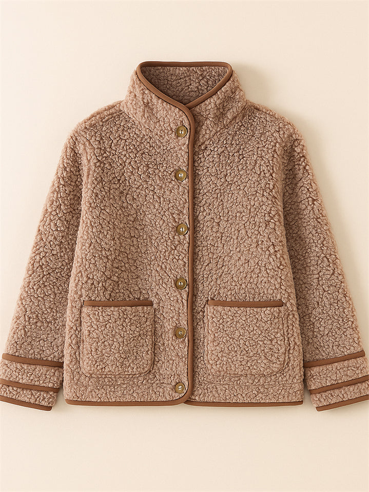 Casual Autumn Contrast Trim Single Breasted Lapel Fleece Coats