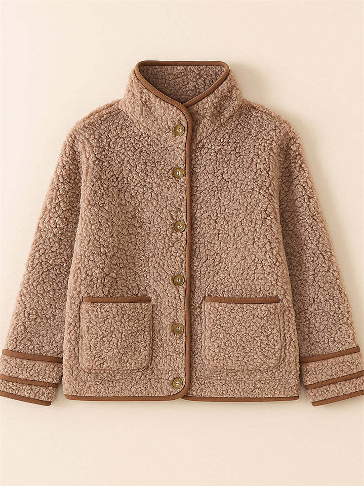 Casual Autumn Contrast Trim Single Breasted Lapel Fleece Coats