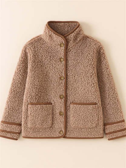 Casual Autumn Contrast Trim Single Breasted Lapel Fleece Coats