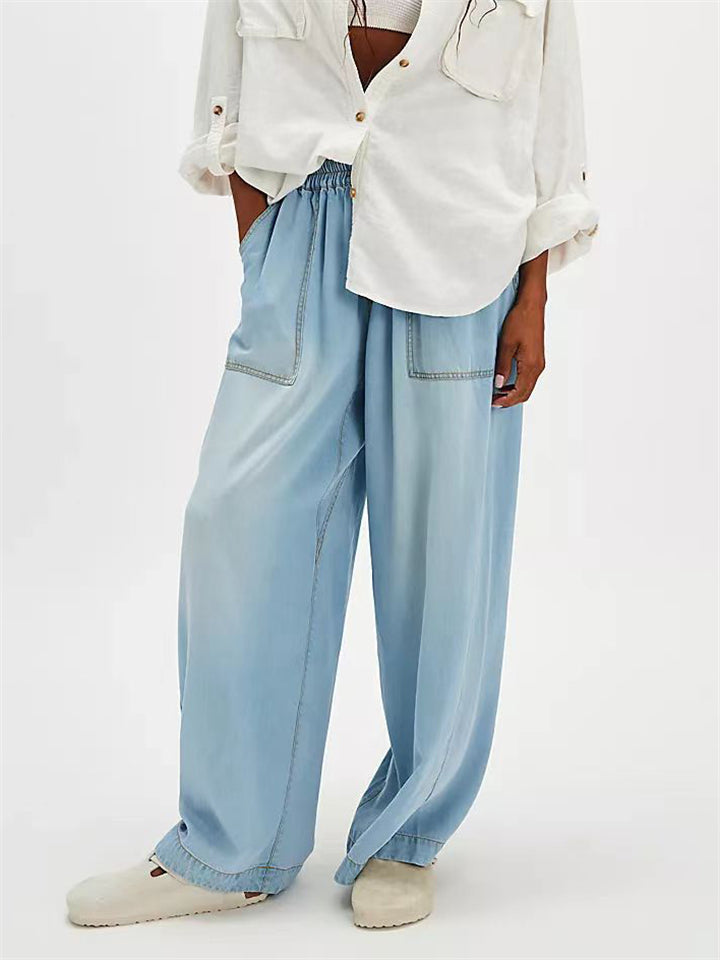 Vintage Solid Color Pockets Elastic Waist Drape Wide Leg Denim Pants