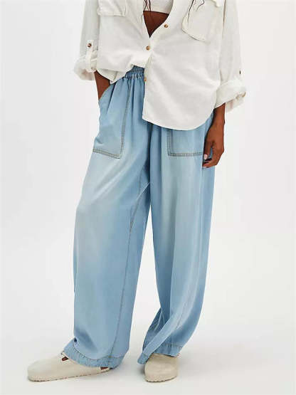 Vintage Solid Color Pockets Elastic Waist Drape Wide Leg Denim Pants