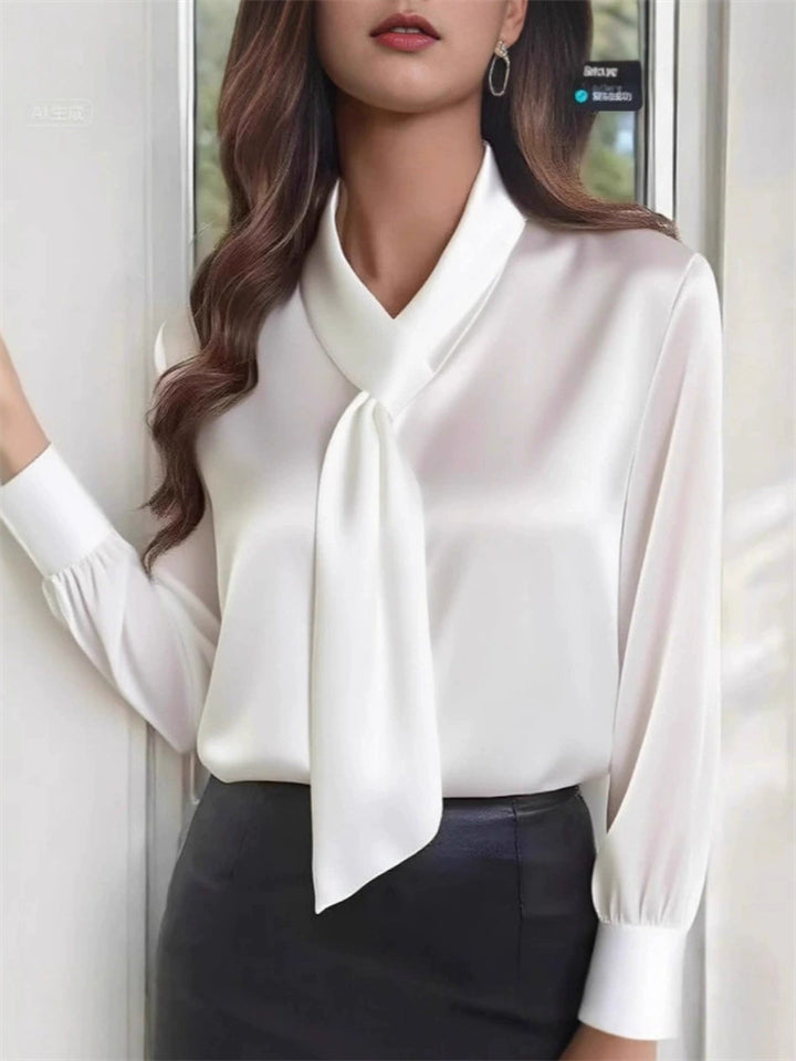 Ladies' Elegant Satin Solid Color Lace Up Long Sleeve Blouses