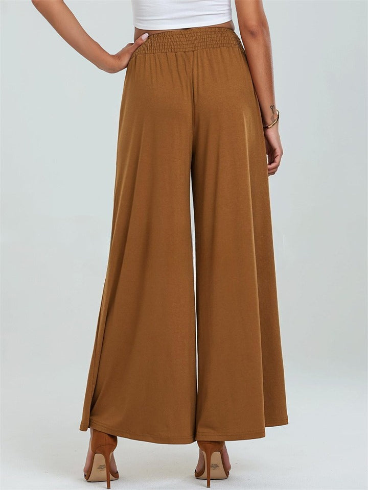 Simple Solid Color Pockets Elastic Hight Waist Wide Leg Pants for Women