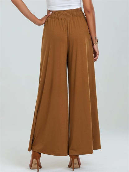 Simple Solid Color Pockets Elastic Hight Waist Wide Leg Pants for Women