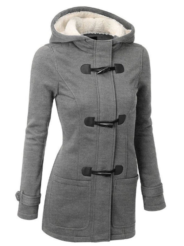 Women's Retro Fleeced Solid Color Horn Buckle Hooded Jackets