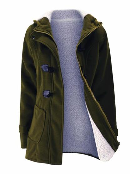 Women's Retro Fleeced Solid Color Horn Buckle Hooded Jackets