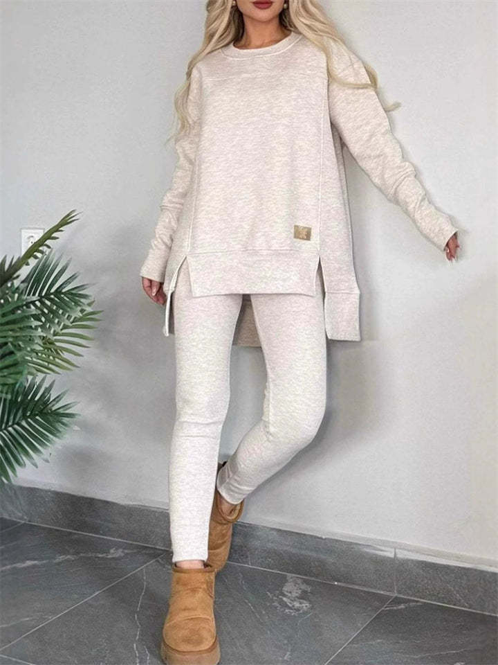 Women's Casual Round Neck Solid Color Asymmetric Hem Sweatshirts & Sweatpants Outfit