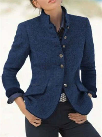 Retro Contrast Trim Stand Collar Single Breasted Long Sleeve Coat for Women