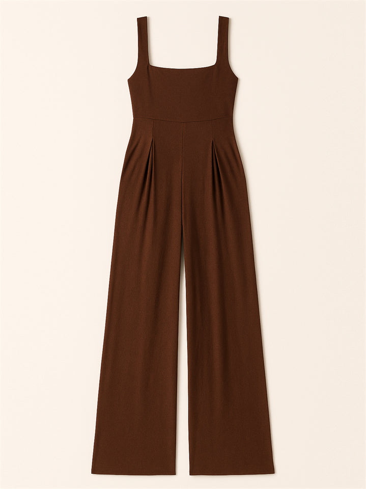 Ladies' Square Neck Solid Color Sleeveless Wide Leg Jumpsuit