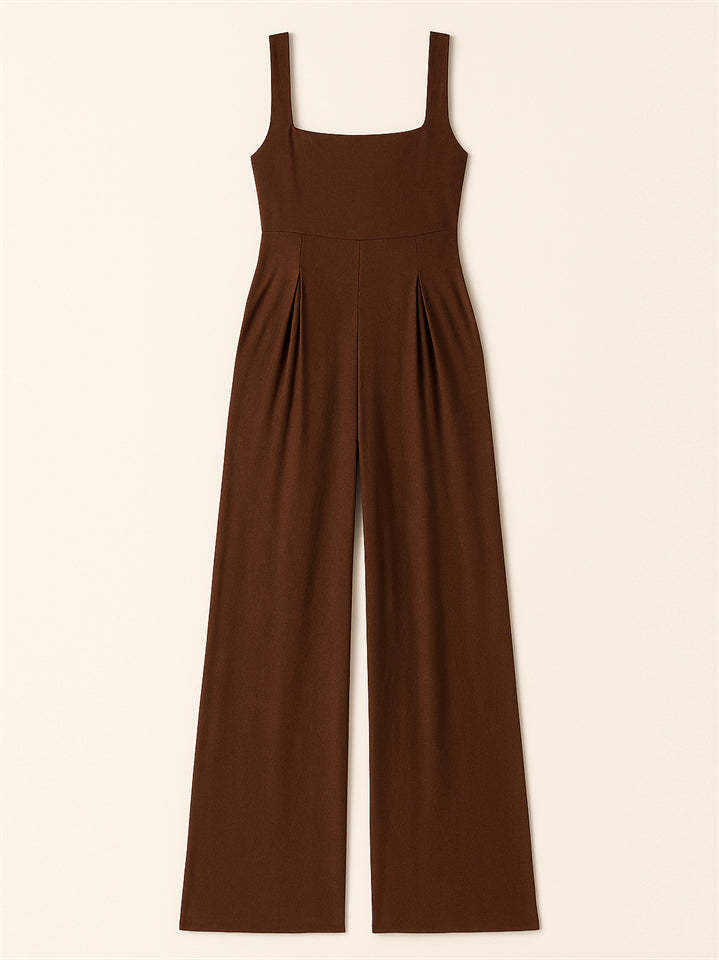 Ladies' Square Neck Solid Color Sleeveless Wide Leg Jumpsuit