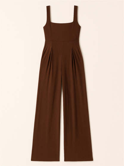 Ladies' Square Neck Solid Color Sleeveless Wide Leg Jumpsuit