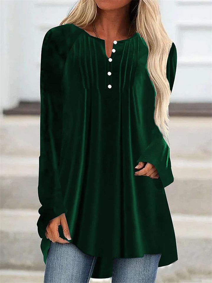 Women's Solid Color Velvet Pleated Asymmetrical Hem Long Sleeve Shirts