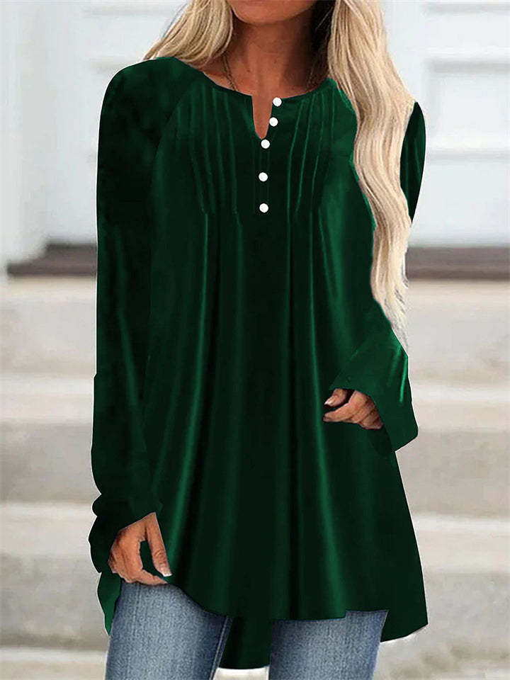 Women's Solid Color Velvet Pleated Asymmetrical Hem Long Sleeve Shirts