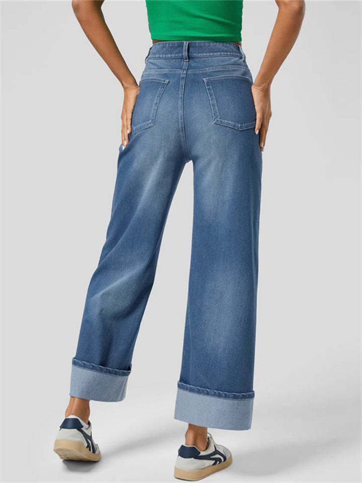 Trendy High Waist Blue Wide Leg Whisker Denim Pants for Women