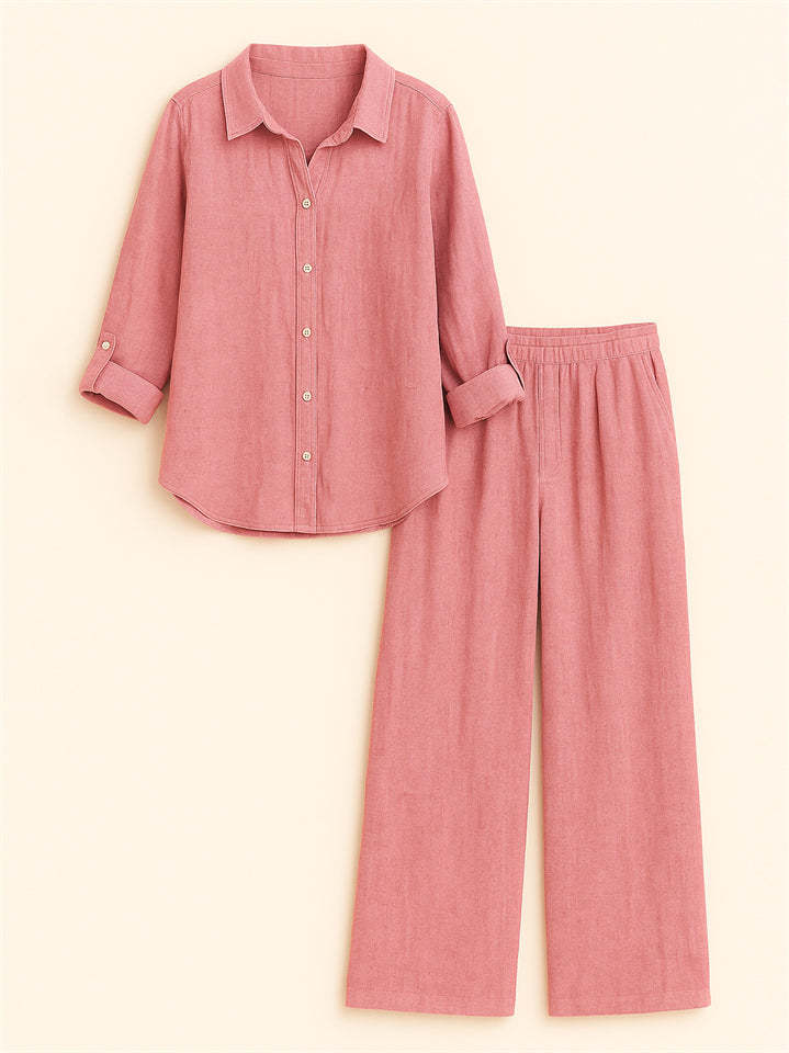 Casual Holiday Style Lapel Solid Color Long Sleeve Shirt & Pant Set