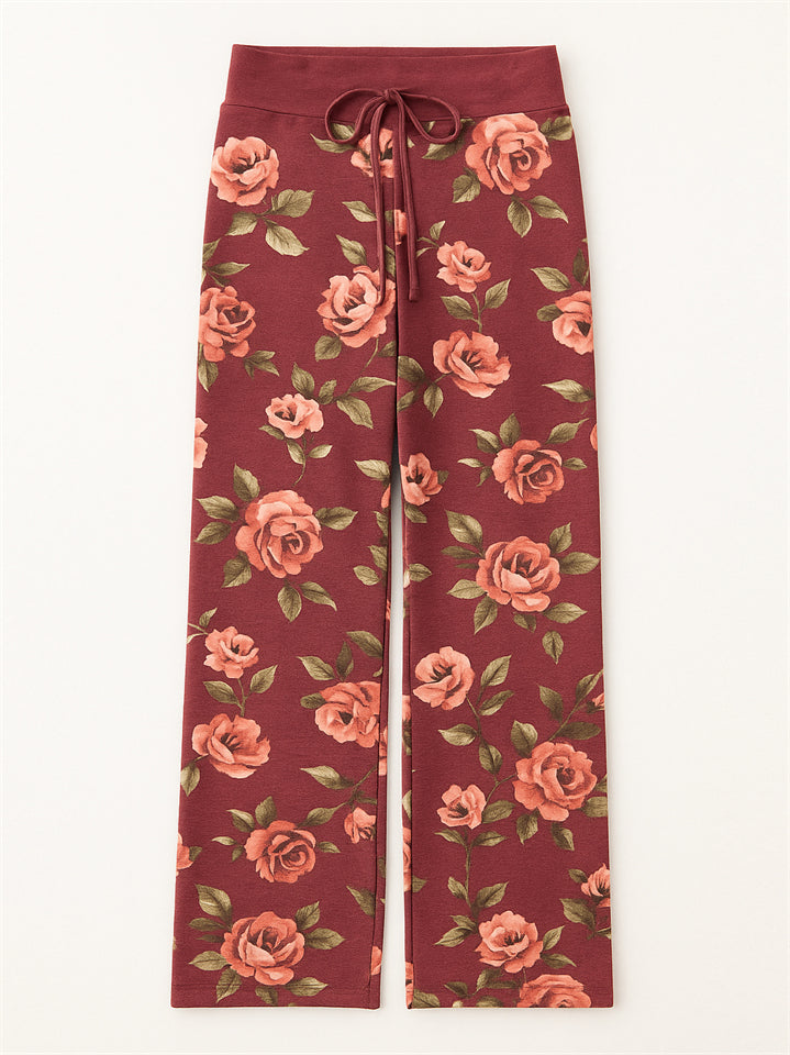 Women's Casual Floral Printed Drawstring Wide-Leg Pants