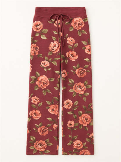 Women's Casual Floral Printed Drawstring Wide-Leg Pants