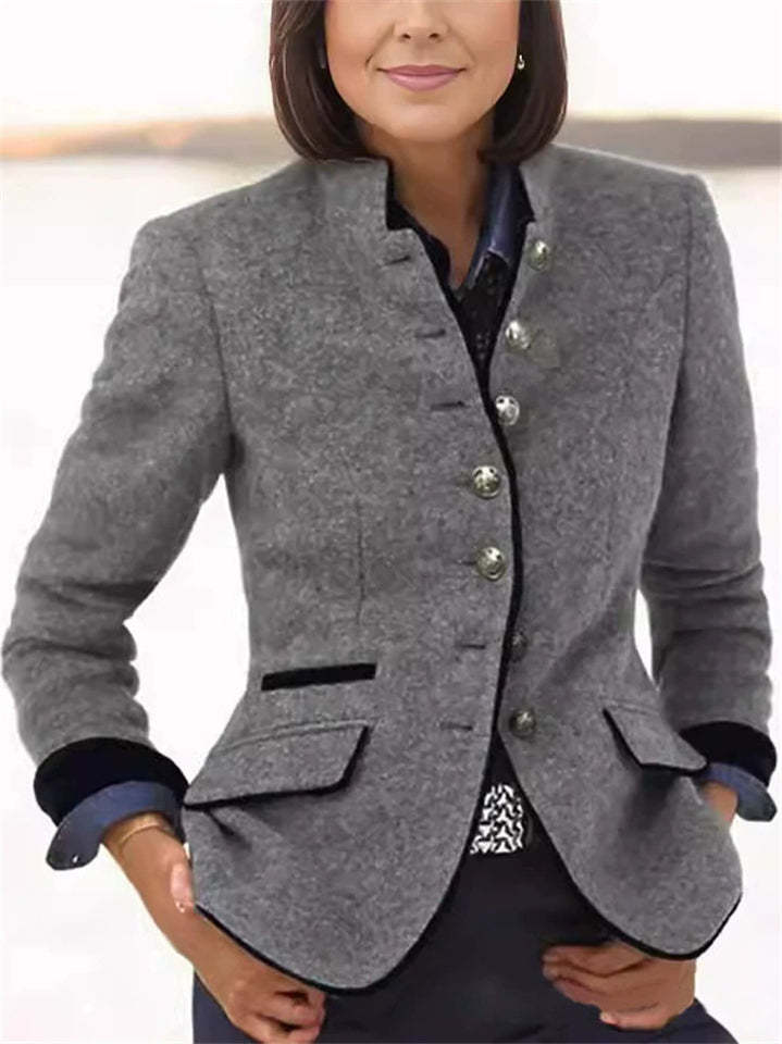 Retro Contrast Trim Stand Collar Single Breasted Long Sleeve Coat for Women