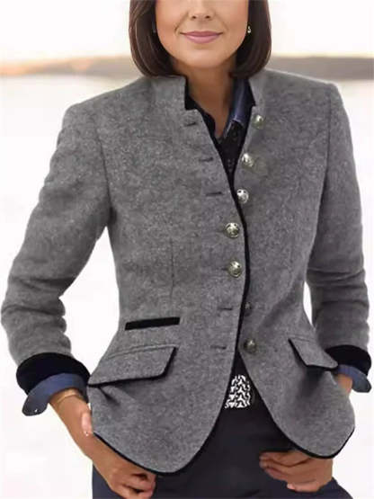 Retro Contrast Trim Stand Collar Single Breasted Long Sleeve Coat for Women