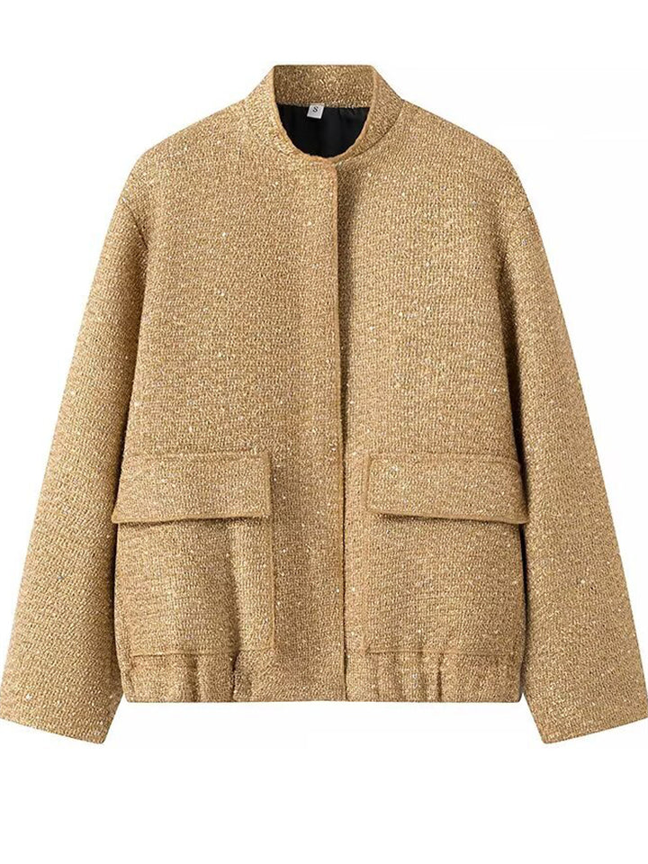 Trendy Bling Sequined Button Up Stand Collar Coat with Pockets