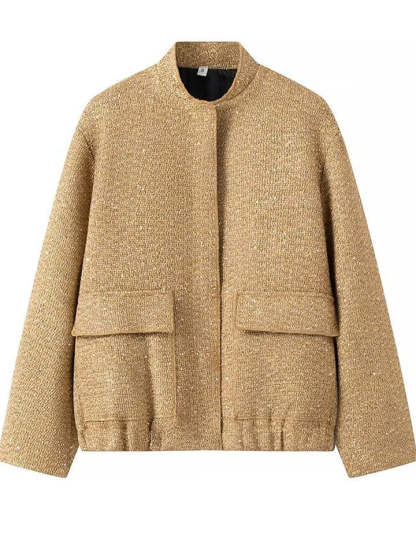 Trendy Bling Sequined Button Up Stand Collar Coat with Pockets