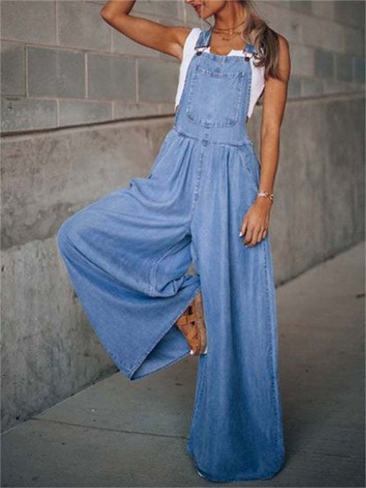 Women's Sleeveless Solid Color Loose Denim Overall Jumpsuits