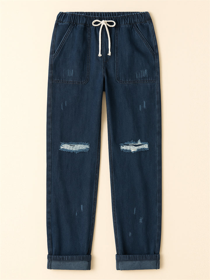 Women's Elastic Waist Solid Color Ripped Jeans