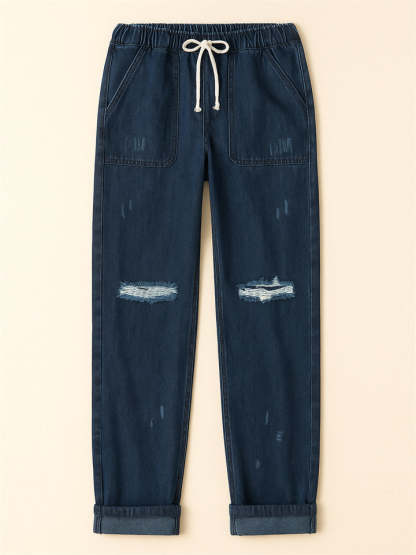 Women's Elastic Waist Solid Color Ripped Jeans