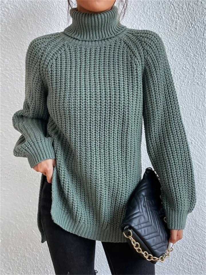 Women's Solid Color Turtleneck Split Hem Long Sleeve Knitted Sweaters