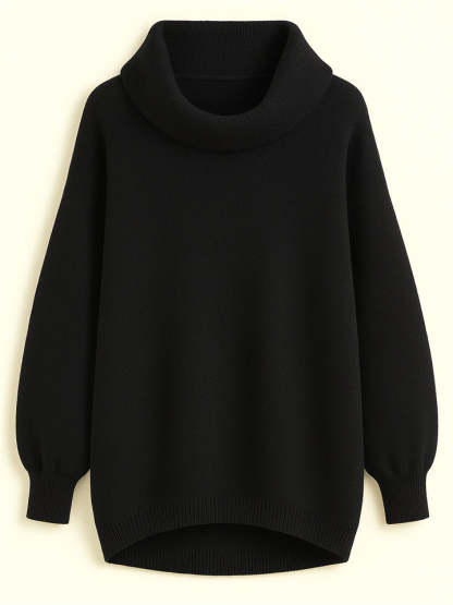 Casual Solid Color Turtleneck Kangaroo Pocket Lantern Sleeve Sweaters for Women
