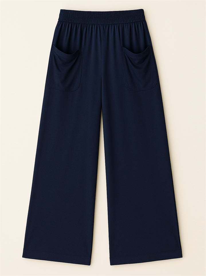 Simple Solid Color Pockets Elastic Hight Waist Wide Leg Pants for Women