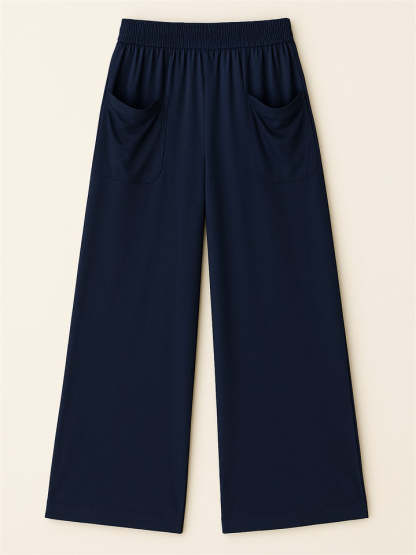 Simple Solid Color Pockets Elastic Hight Waist Wide Leg Pants for Women